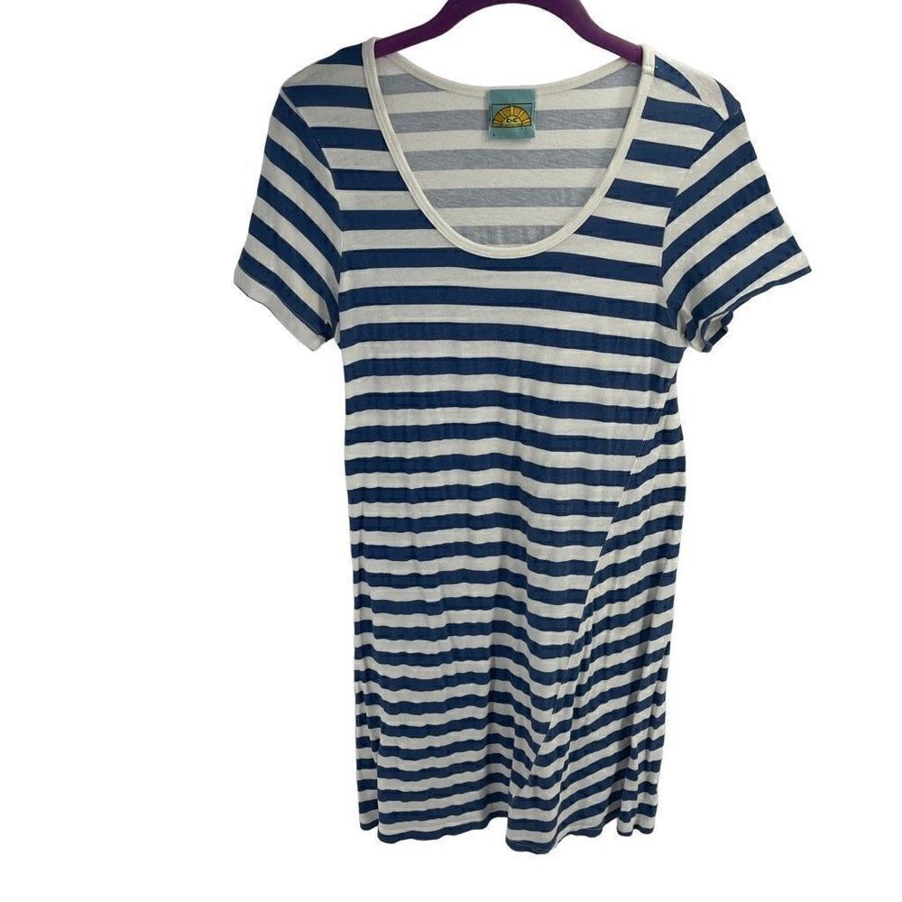 C&C California Women's Classic Cotton Blue-White Striped T-Shirt dress Size L